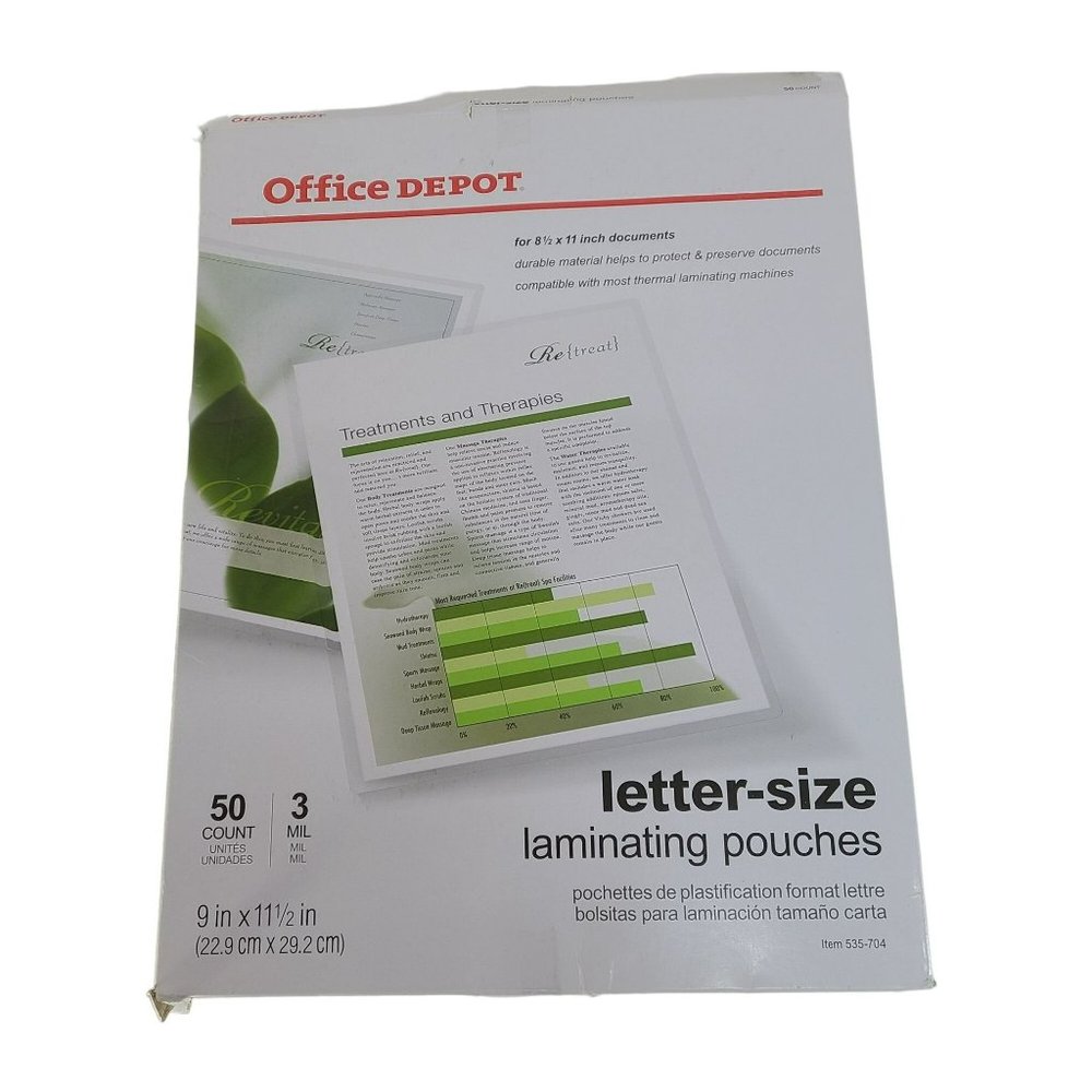 Office Depot Laminating Pouches Letter Size Office Pack of 50 Clear 3 Mil 9x11.5